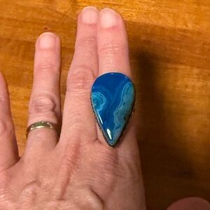 Beautiful Large Blue Lace Agate Teardrop Stone Sterling Ring Navajo marked CC